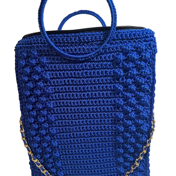 Handmade Blue African Print Crochet Trapezoid Handbag - Picture 3 of 5